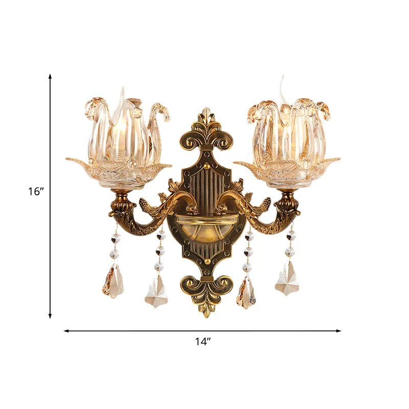 Antiek messing 1/2-licht schanslicht Traditionele kristallen bloem wandmontage lamp voor hal Clearhalo