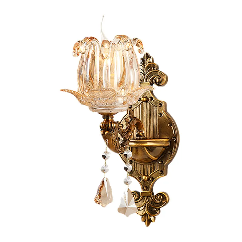 Antiek messing 1/2-licht schanslicht Traditionele kristallen bloem wandmontage lamp voor hal Clearhalo