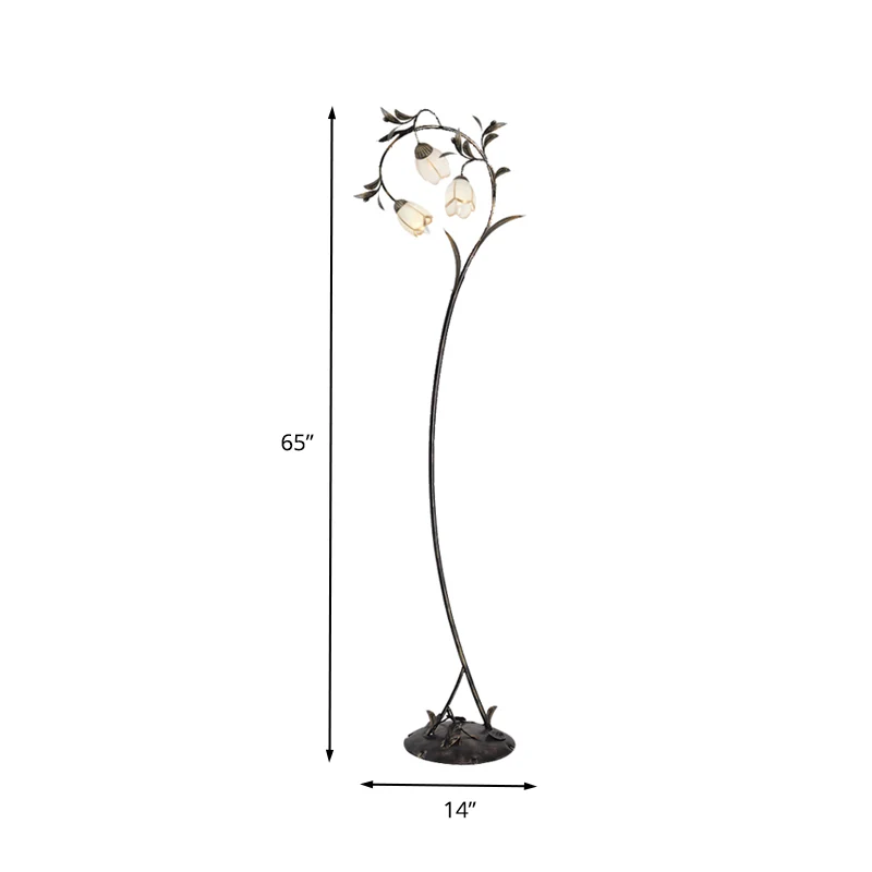 Antiek messing 3-lichts staande licht rustieke melkachtige glazen bloesem vloerlamp voor woonkamer Clearhalo