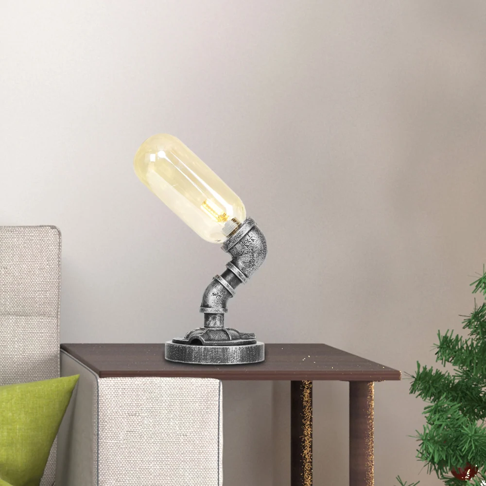 Antiek Zilver One Light Bureaulamp Industrieel Helder/Amber Glazen Capsule Schaduw Taakverlichting met Gebogen Arm Clearhalo