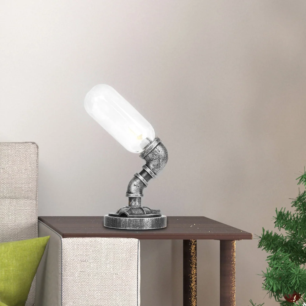 Antiek Zilver One Light Bureaulamp Industrieel Helder/Amber Glazen Capsule Schaduw Taakverlichting met Gebogen Arm Clearhalo