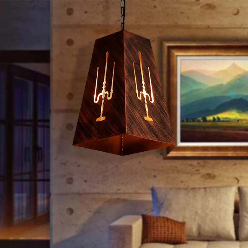 Antieke bronzen trapeziumvormige hanglamp met metalen ketting Rustieke loft-hanglamp Clearhalo