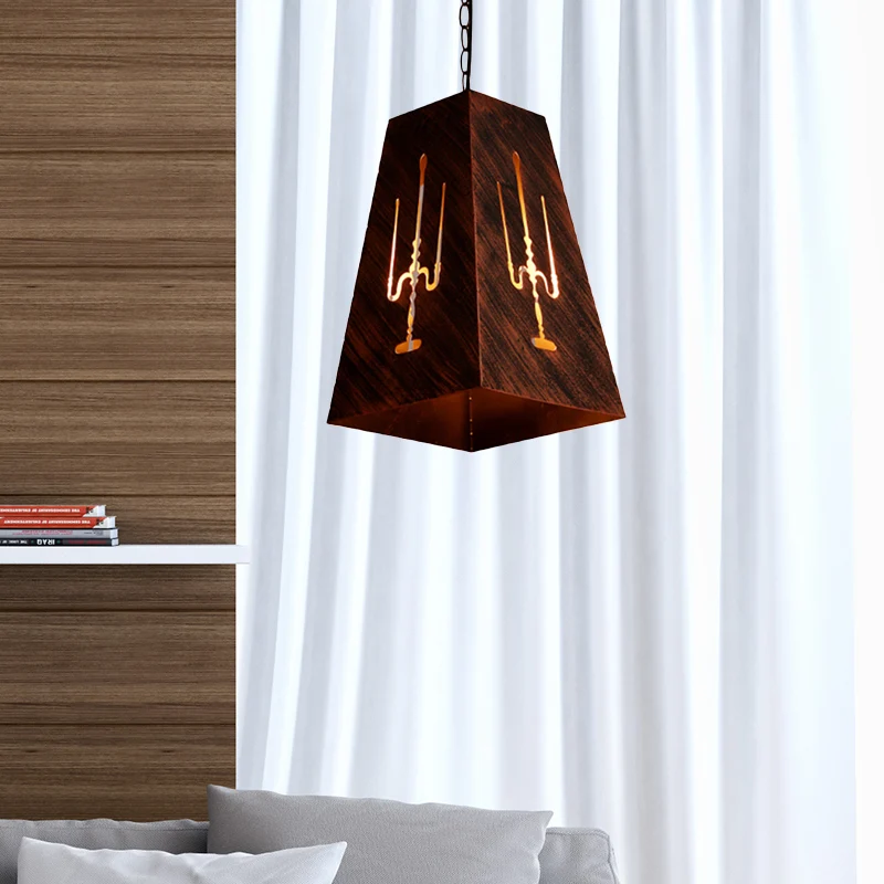 Antieke bronzen trapeziumvormige hanglamp met metalen ketting Rustieke loft-hanglamp Clearhalo