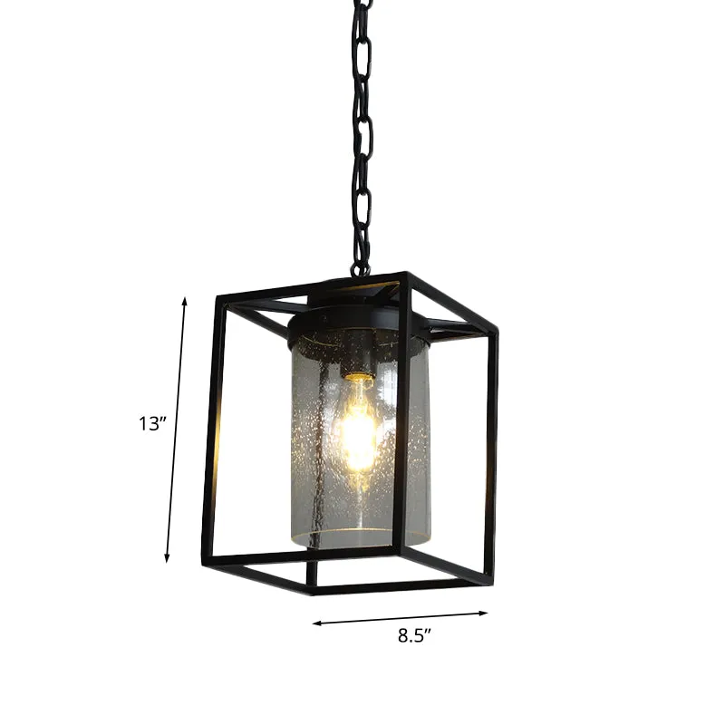 Antieke cilinder hangende hanglamp met 1 lamp, helder geplaatste glazen druppellamp zwart met rechthoekige kooi Clearhalo