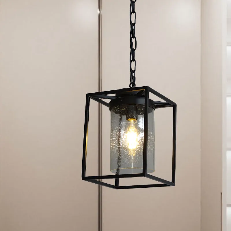 Antieke cilinder hangende hanglamp met 1 lamp, helder geplaatste glazen druppellamp zwart met rechthoekige kooi Clearhalo
