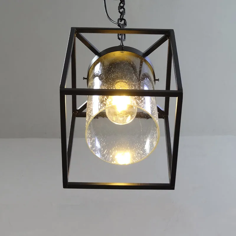 Antieke cilinder hangende hanglamp met 1 lamp, helder geplaatste glazen druppellamp zwart met rechthoekige kooi Clearhalo