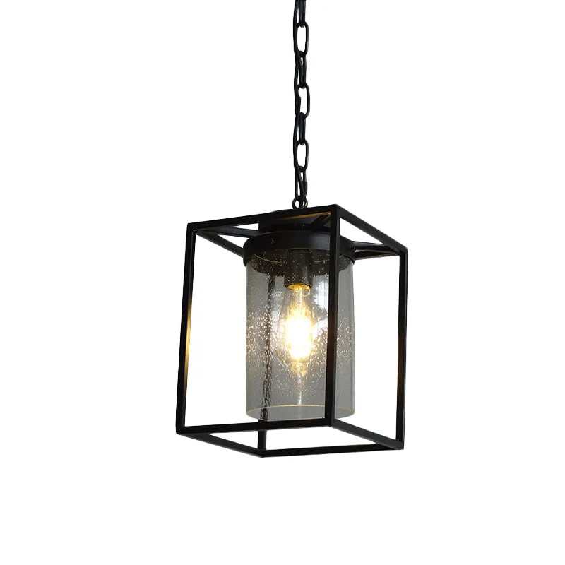 Antieke cilinder hangende hanglamp met 1 lamp, helder geplaatste glazen druppellamp zwart met rechthoekige kooi Clearhalo