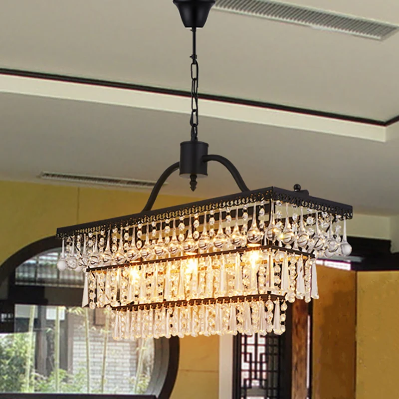 Antieke hangende plafondlamp met 3 lampen en kristallen kap Zwarte kroonluchterlamp met 3 niveaus Clearhalo