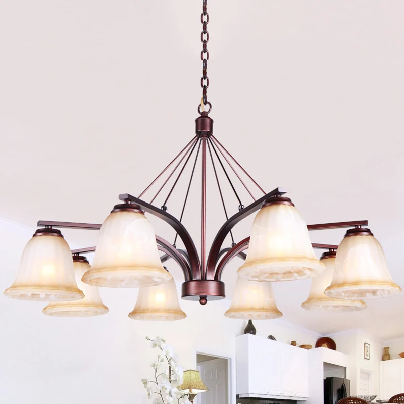 Antieke klokkenkroonluchter hanglamp 6/8 lampen matglazen hanglamp koper voor woonkamer Clearhalo