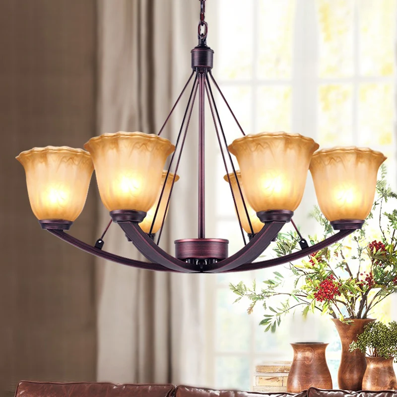 Antieke klokkenkroonluchter hanglamp 6/8 lampen matglazen hanglamp koper voor woonkamer Clearhalo