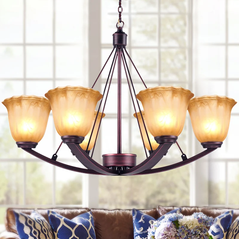 Antieke klokkenkroonluchter hanglamp 6/8 lampen matglazen hanglamp koper voor woonkamer Clearhalo