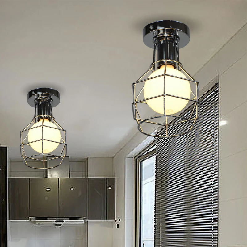 Antieke stijlvolle draadbeschermer semi-gemonteerde verlichting 1 kop smeedijzeren mini-plafondlamp wit/goud voor gang Cle...