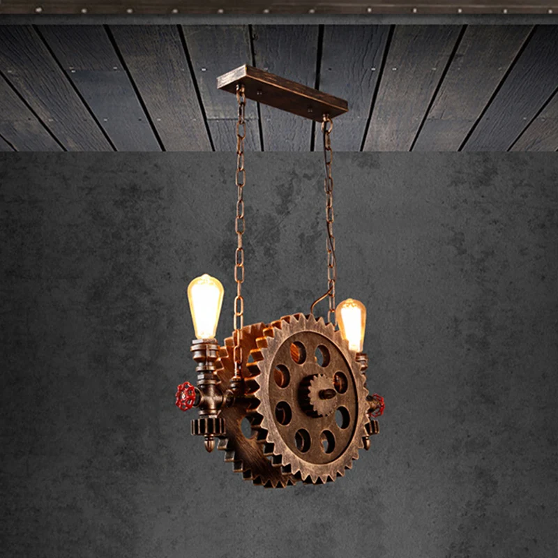 Antieke, stijlvolle hanglamp Gear met zichtbare lamp, 2 lampen, metalen eilandhanglamp roestkleur voor eetkamer Clearhalo