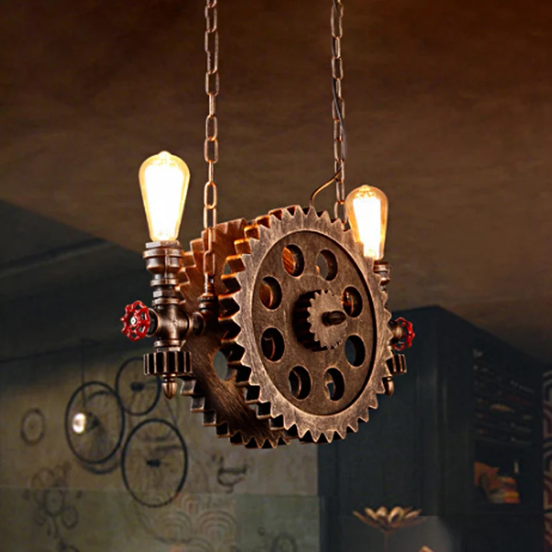 Antieke, stijlvolle hanglamp Gear met zichtbare lamp, 2 lampen, metalen eilandhanglamp roestkleur voor eetkamer Clearhalo