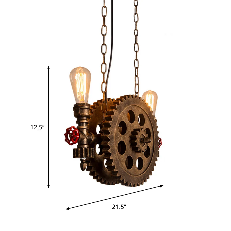 Antieke, stijlvolle hanglamp Gear met zichtbare lamp, 2 lampen, metalen eilandhanglamp roestkleur voor eetkamer Clearhalo