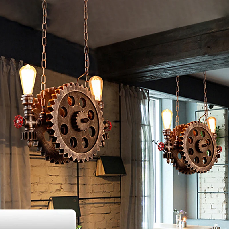 Antieke, stijlvolle hanglamp Gear met zichtbare lamp, 2 lampen, metalen eilandhanglamp roestkleur voor eetkamer Clearhalo
