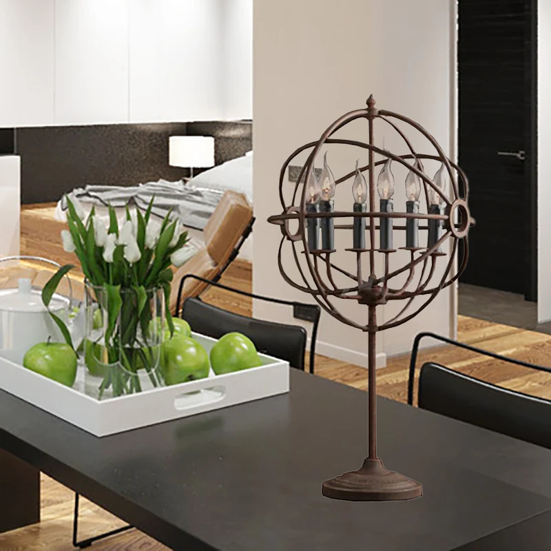 Antieke stijlvolle Orbit Shade tafelverlichting met kaarsontwerp Multi-lichte smeedijzeren tafellamp roest Clearhalo
