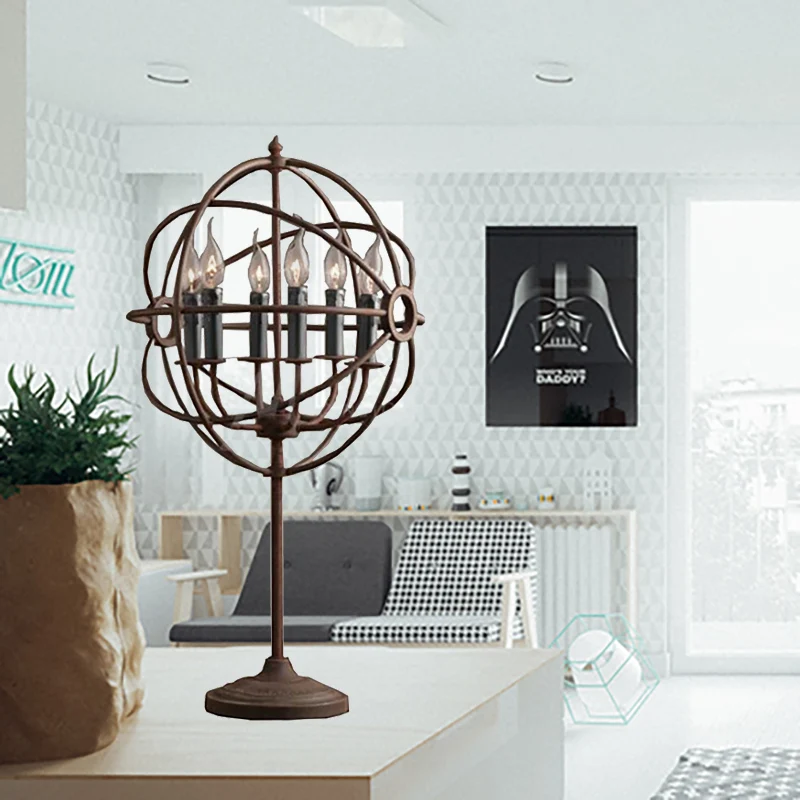 Antieke stijlvolle Orbit Shade tafelverlichting met kaarsontwerp Multi-lichte smeedijzeren tafellamp roest Clearhalo