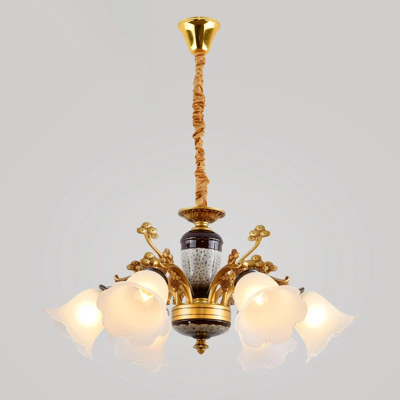 Antieke swooping arm kroonluchter licht 6/8/10 lampen metalen plafondlamp zwart-goud met bloesem opaal glazen kap Clearhalo