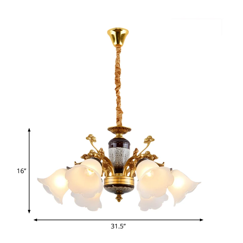Antieke swooping arm kroonluchter licht 6/8/10 lampen metalen plafondlamp zwart-goud met bloesem opaal glazen kap Clearhalo