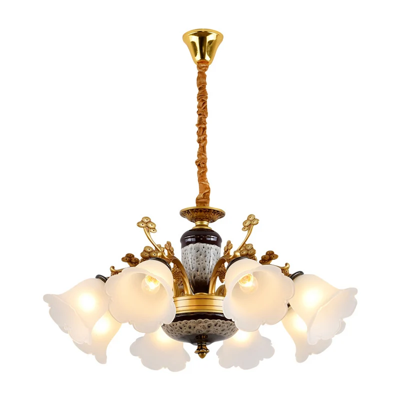 Antieke swooping arm kroonluchter licht 6/8/10 lampen metalen plafondlamp zwart-goud met bloesem opaal glazen kap Clearhalo