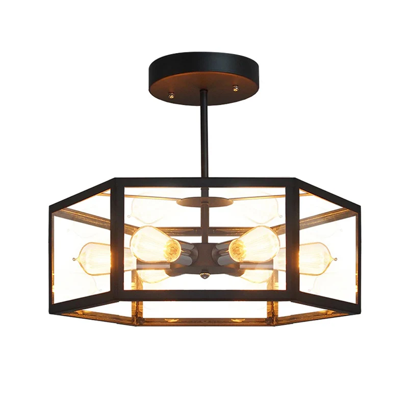 Antieke zeshoekige semi-inbouwlamp met 6 lampen, helder glas dicht bij plafondlamp zwart Clearhalo