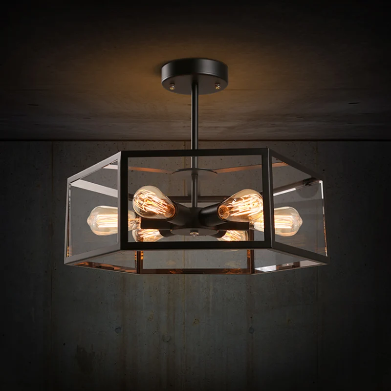 Antieke zeshoekige semi-inbouwlamp met 6 lampen, helder glas dicht bij plafondlamp zwart Clearhalo