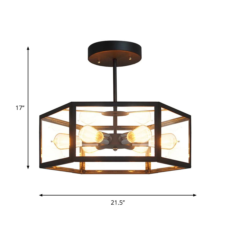 Antieke zeshoekige semi-inbouwlamp met 6 lampen, helder glas dicht bij plafondlamp zwart Clearhalo