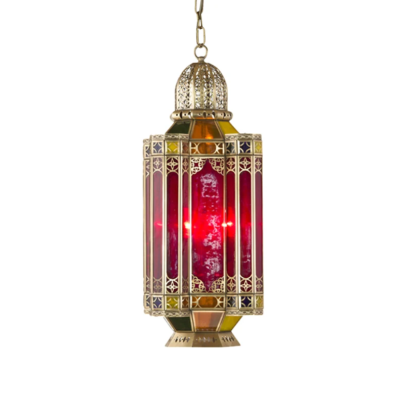 Arabische lantaarn hangende kroonluchter 3 koppen rood glazen hangende plafondlamp messing voor gang Clearhalo