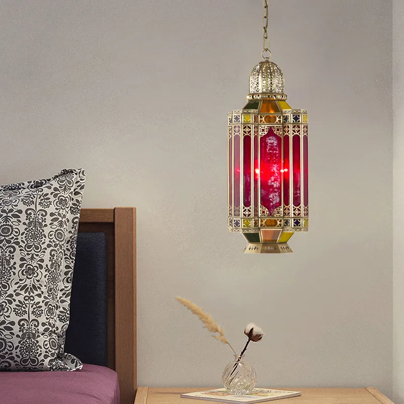 Arabische lantaarn hangende kroonluchter 3 koppen rood glazen hangende plafondlamp messing voor gang Clearhalo