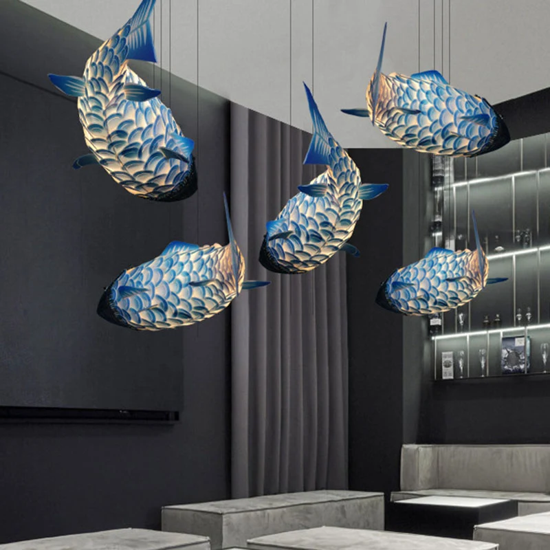 Art Deco hanglampset met 1 kop, blauwe karper, hangende plafondlamp met metalen kap Clearhalo