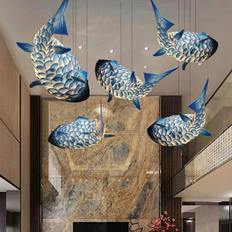 Art Deco hanglampset met 1 kop, blauwe karper, hangende plafondlamp met metalen kap Clearhalo