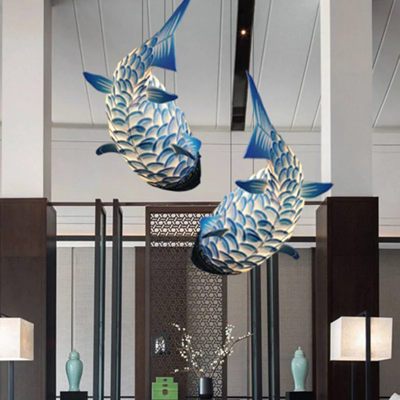 Art Deco hanglampset met 1 kop, blauwe karper, hangende plafondlamp met metalen kap Clearhalo