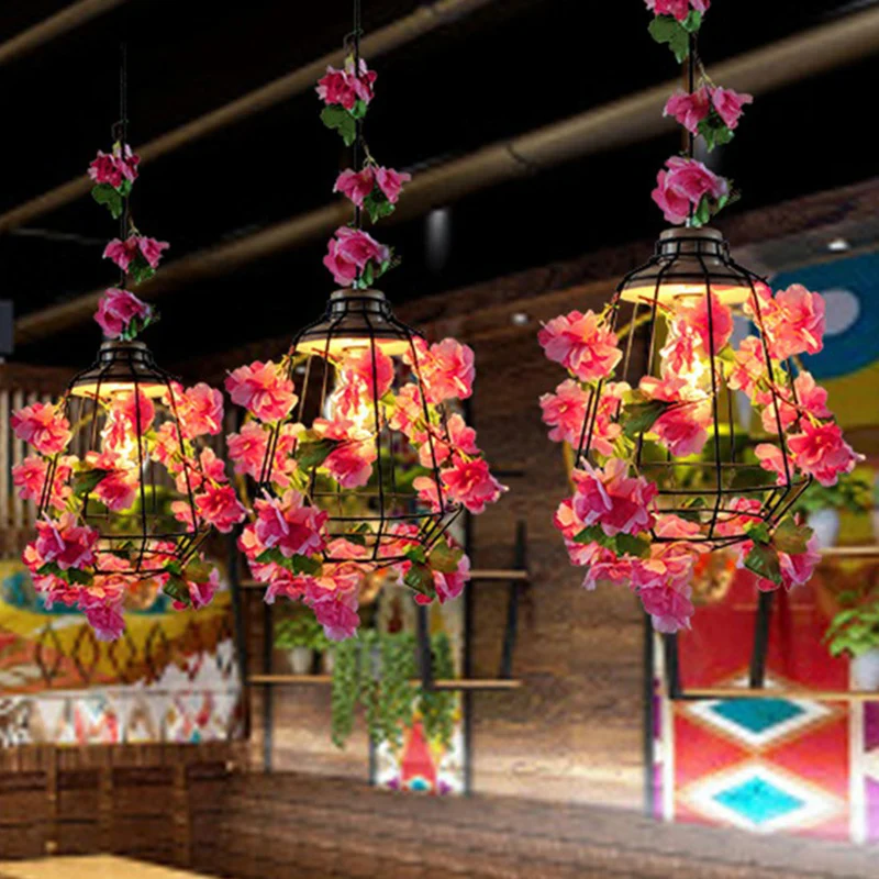 Art Deco kunstbloem hanglamp, metalen hanglamp met één lamp en kooi Clearhalo
