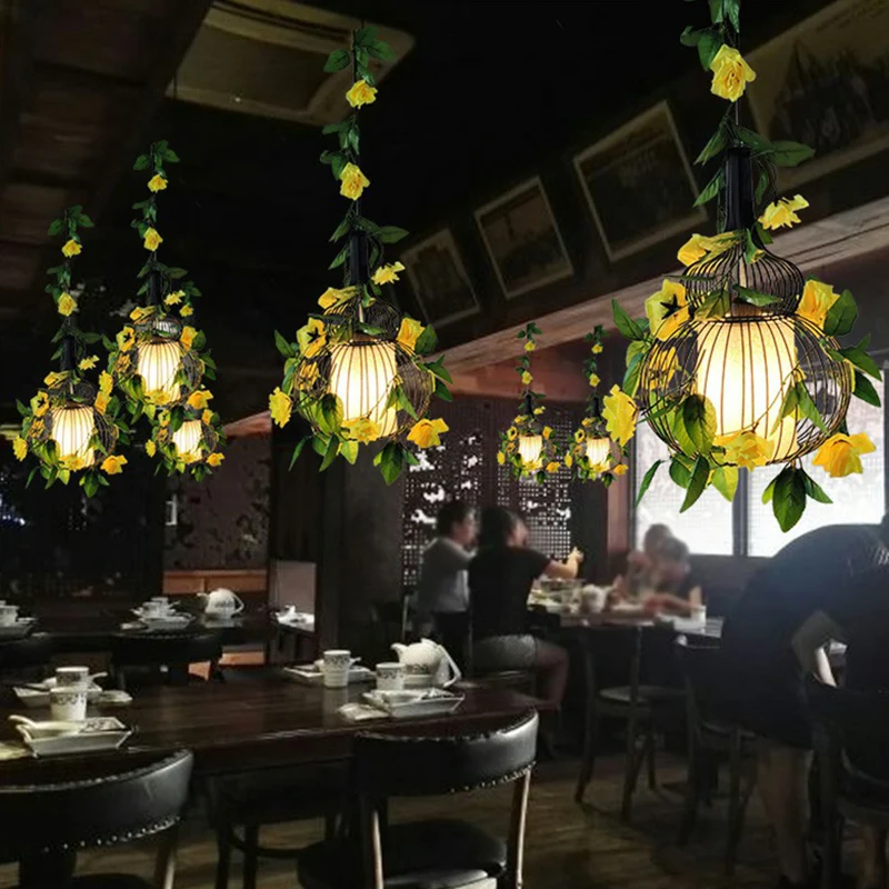 Art Deco kunstbloem hanglamp, metalen hanglamp met één lamp en kooi Clearhalo