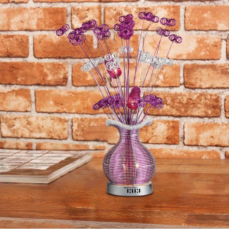 Art Deco nachtkastje met planten en vazen, aluminiumdraad LED-nachttafellamp paars Clearhalo