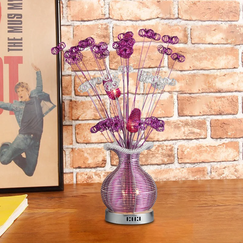 Art Deco nachtkastje met planten en vazen, aluminiumdraad LED-nachttafellamp paars Clearhalo