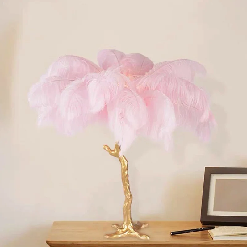 Artistieke kokospalm-nachtlamp Feather 1-kops woonkamertafellamp roze en goud Clearhalo