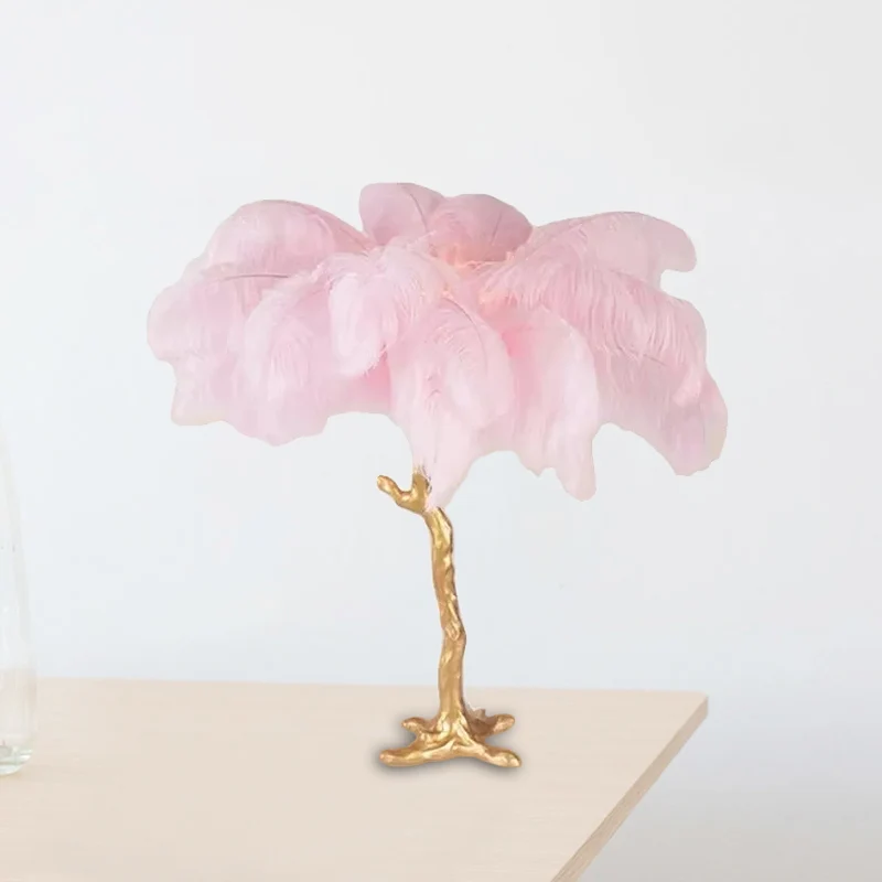 Artistieke kokospalm-nachtlamp Feather 1-kops woonkamertafellamp roze en goud Clearhalo