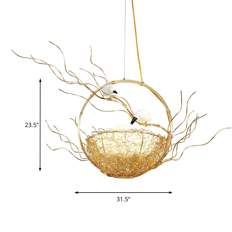 Artistry 3-lichts kroonluchter hanglamp van gouden aluminium mand met vogels en matwitte glazen bollen Clearhalo