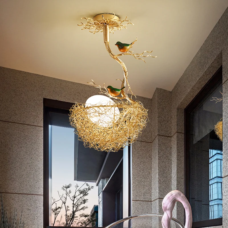 Artistry Melkwit Glazen Bal Kroonluchter Hanger 1/2/3-Licht Gouden Hanglamp met Vogels en Handgenaaid Aluminium Nest Clear...