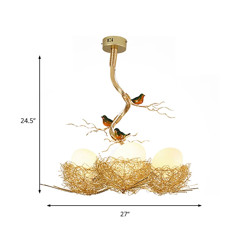 Artistry Melkwit Glazen Bal Kroonluchter Hanger 1/2/3-Licht Gouden Hanglamp met Vogels en Handgenaaid Aluminium Nest Clear...