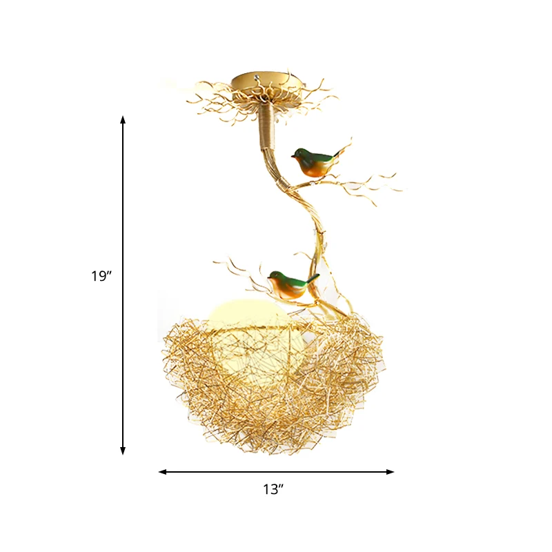 Artistry Melkwit Glazen Bal Kroonluchter Hanger 1/2/3-Licht Gouden Hanglamp met Vogels en Handgenaaid Aluminium Nest Clear...