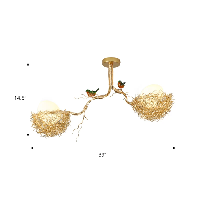 Artistry Melkwit Glazen Bal Kroonluchter Hanger 1/2/3-Licht Gouden Hanglamp met Vogels en Handgenaaid Aluminium Nest Clear...