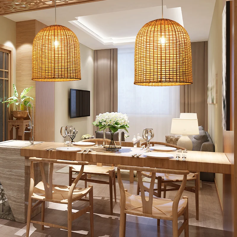 Asia Hanglamp met één lamp, beige stolpvormige hanglamp met bamboe kap Clearhalo