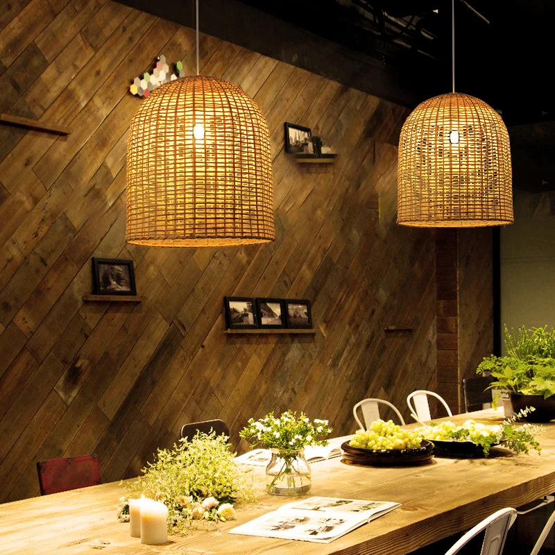Asia Hanglamp met één lamp, beige stolpvormige hanglamp met bamboe kap Clearhalo