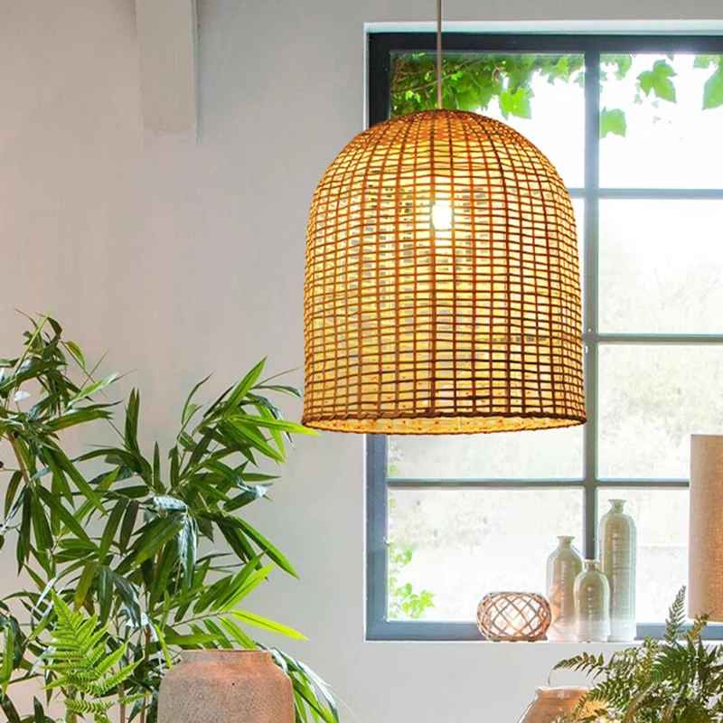 Asia Hanglamp met één lamp, beige stolpvormige hanglamp met bamboe kap Clearhalo