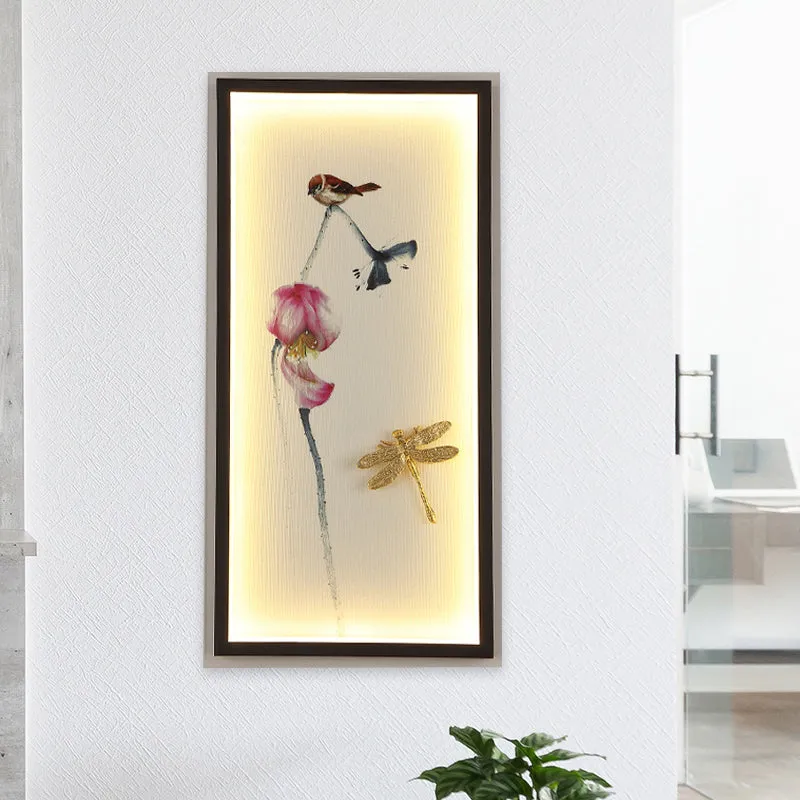 Asia LED wandmontage wandlamp zwarte libel-lotus schanslamp met metalen frame Clearhalo