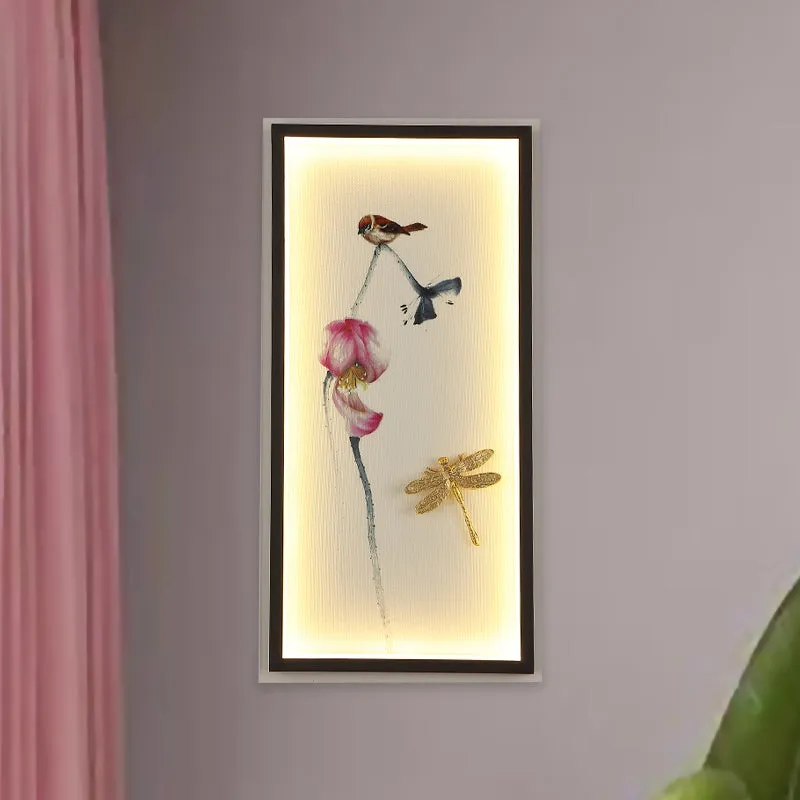 Asia LED wandmontage wandlamp zwarte libel-lotus schanslamp met metalen frame Clearhalo