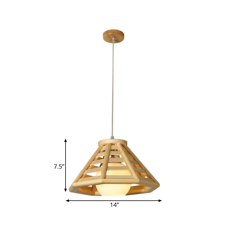 Asia Mini Globe hanglamp ivoor open glas 1 kop eettafel ophangverlichting met taps toelopende houten kooi beige Clearhalo